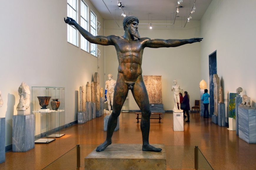 Artemision Zeus or Poseidon, c. 460 B.C.E., bronze, 2.09 m high, Early Classical (Severe Style), recovered from a shipwreck off Cape Artemision, Greece in 1928 (National Archaeological Museum, Athens)