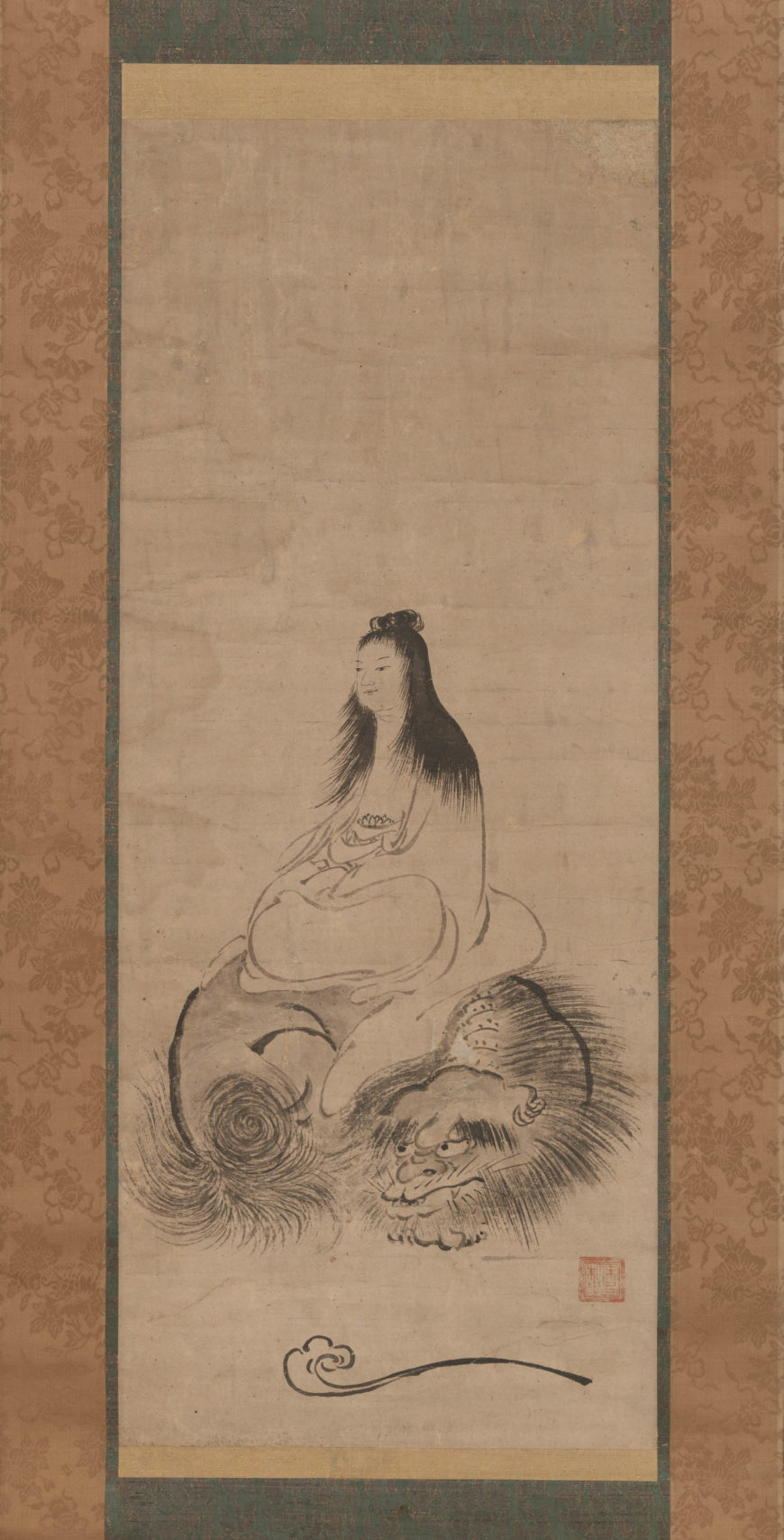 Shūsei, Monju (Manjusri) on a Lion, hanging scroll, late 15th century, Muromachi period, ink on paper, Japan, 81.5 × 33 cm (The Metropolitan Museum of Art)