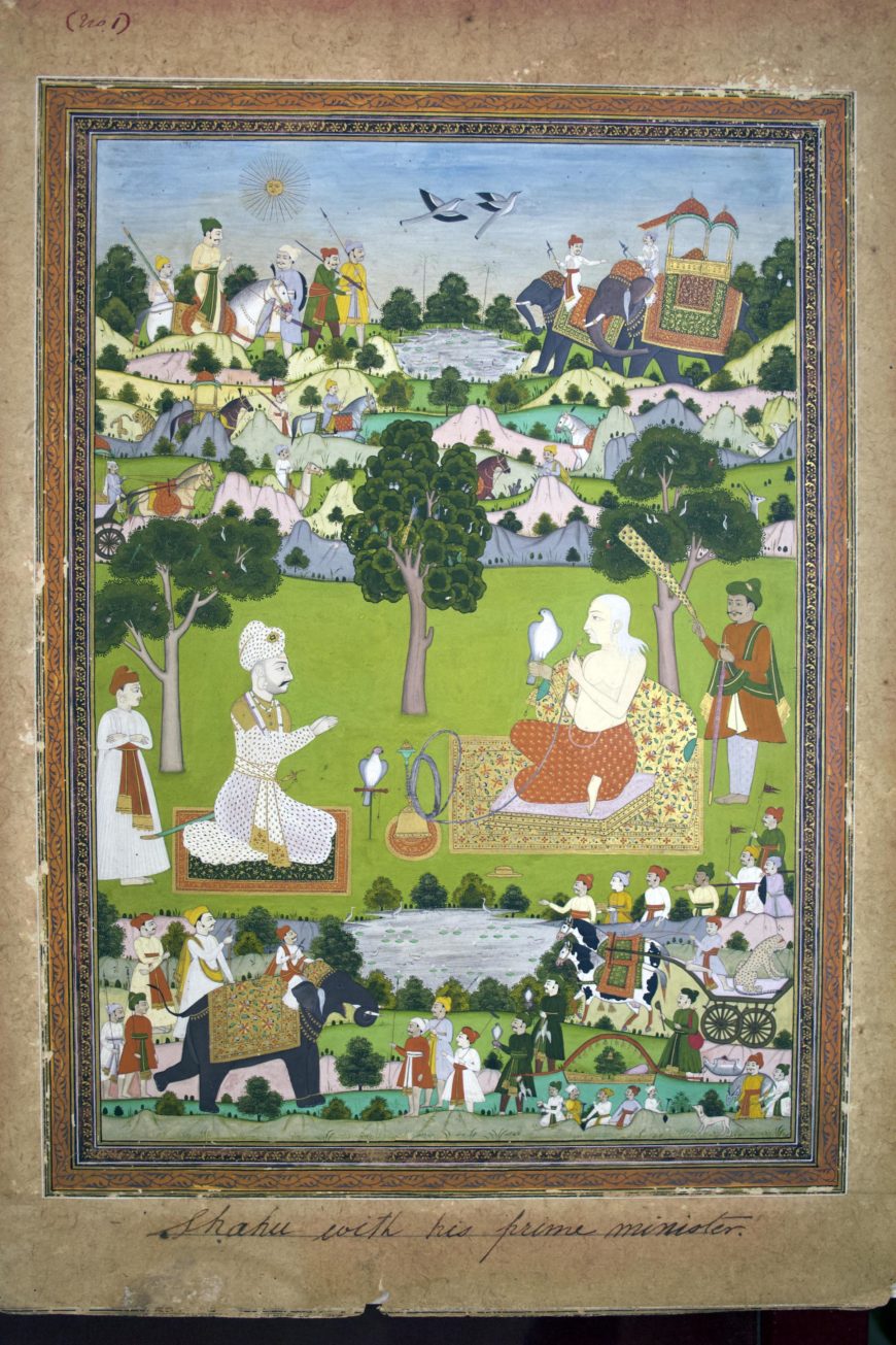 Shivram Chitari, Shahu Maharaj with Nanasaheb Peshwa on a Hunt, Maharashtra, mid- to late 18th century. Opaque watercolor and gold on paper, 47 x 30.5 cm. History Museum, Dr. Babasaheb Ambedkar Marathwada University, Aurangabad