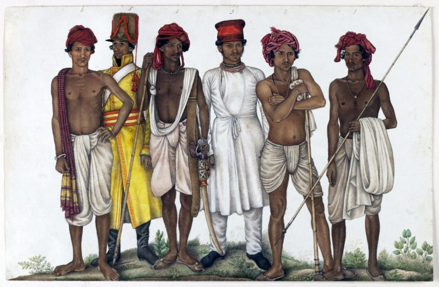 Attributed to the family of Ghulam Ali Khan (active 1817-1855), Six Recruits, folio from the Fraser Album, India, Delhi, or Haryana State, 1815-1816. Watercolor, ink and gold on Whatman paper (watermarked 1814), 25.3 x 39.4 cm. Purchase – Smithsonian Unrestricted Trust Funds, Arth ur M. Sackler Gallery