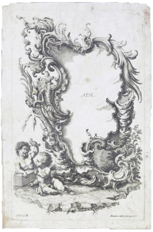 Johann Baptist Klauber and Joseph Sebastian Klauber, One of two plates from a suite of four cartouches with the elements. Germany, 1745-1765, engraving. Victoria and Albert Museum, London.